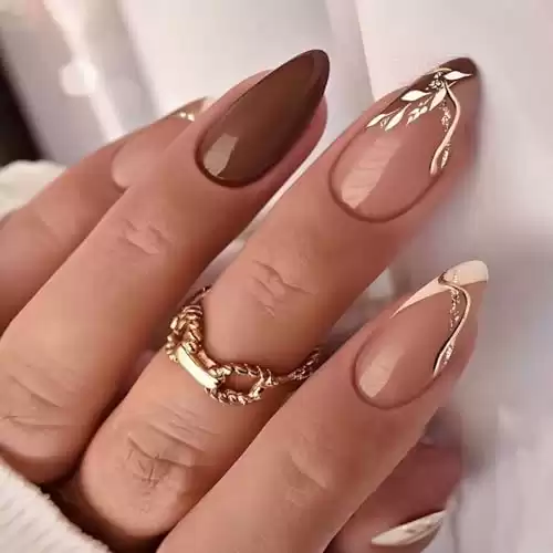 Almond Press on Nails Medium Fake Nails Brown False Nails French Acrylic Nails with Leaves Glitter Design Full Cover Artificial Nails Fall Winter Glue on Nails Line Stick on Nails for Women Manicure