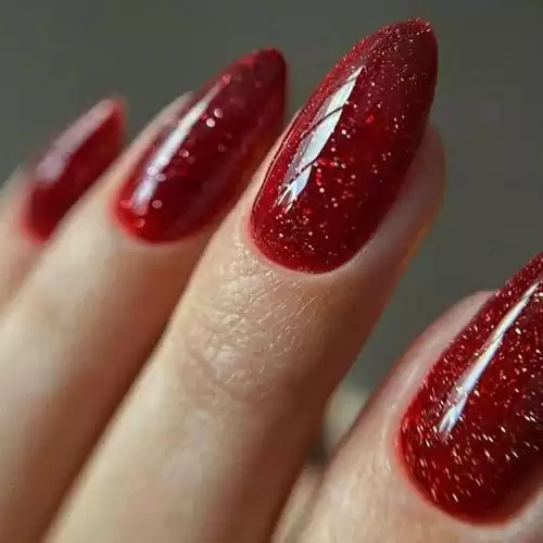 GLAMERMAID Golden Red Press on Nails Medium Almond, Handmade Glitter Glossy Jelly Soft Gel Glue on Nails Stiletto, Bright Red Fake Nails Short Oval, Reusable Acrylic Stick on False Nails Kit for Women