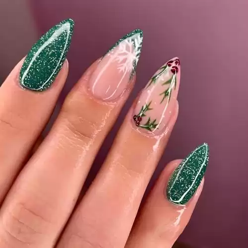 24Pcs Christmas Press on Nails Medium Almond Fake Nails, Green Press on Nails with Snowflake Designs Glossy Winter Xmas Acrylic Nails Christmas Glue on Nails Full Cover False Nail for Women