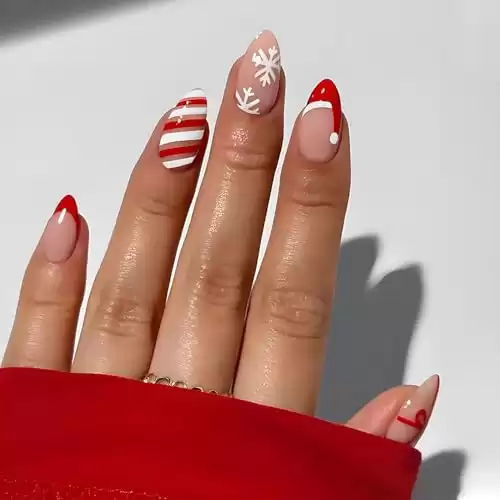 Christmas Press on Nails Medium Almond Fake Nails With Snowflake Gift Box Designs Xmas Hat French Tip False Nails Full Cover Stick on Nails Acrylic Winter Artificial Nails for Women Glue on Nails