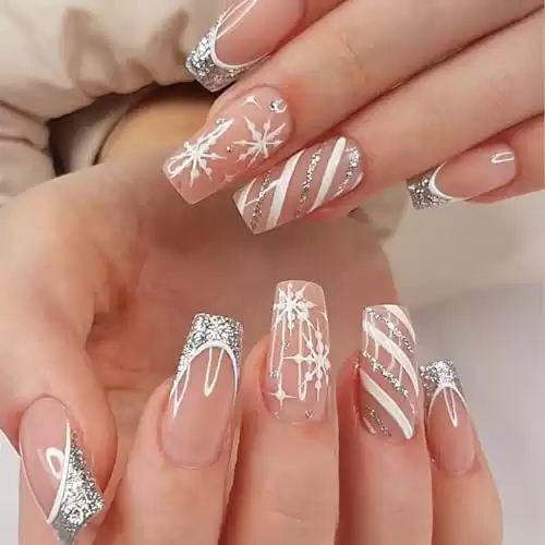 Christmas Press on Nails Medium Square Fake Nails Snowflakes Glitter False Nails with Design Silver French Tip Glue on Nails Nude Acrylic Stick on Nails Winter Xmas Nails for Women Manicure 24Pcs