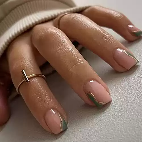 MERVF Square Press on Nails Short Fake Nails Green French Tip Squoval Glue on Nails with Gold Lines Design 24pcs Glossy Acrylic Nails Press ons