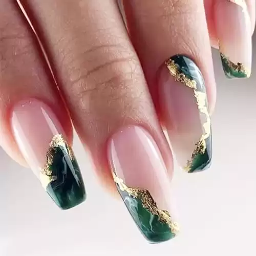 Dark Green Press on Nails Medium Fake Nails Marble False Nails with Glitter Designs Glossy Gold Foil Stick on Nails Coffin Reusable Acrylic Nails Full Cover Artificial Nails Glue on Nails for Women