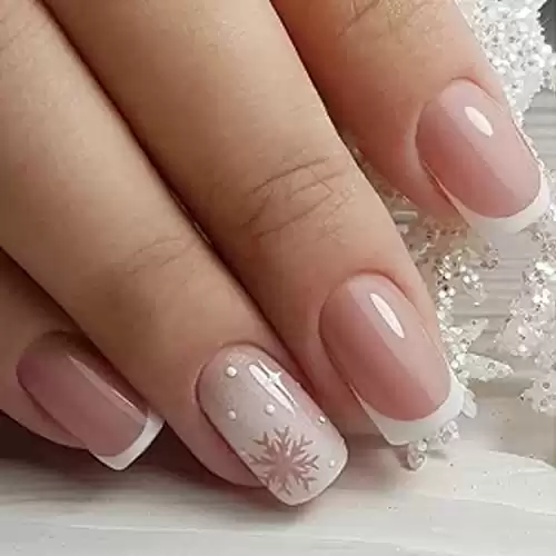 Christmas Press on Nails Short Square Fake Nails French Tip Acrylic Nails Cute White Snowflake Full Cover Stick on Nails Xmas Manicure Decorations False Nails for Women Girls