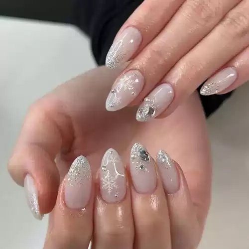 24Pcs Christmas Snowflake Press on Nails Medium Almond Fake Nails, French Glitter Press on Nails Glossy Christmas Acrylic Nails Press on Snowflake Sparkling Diamond Christmas Glue on Nails for Women