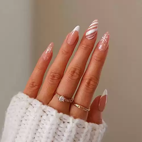 24 Pcs Snowflake Fake Nails, White French Tip Press on Nails Almond Shape False Nails Winter Stick on Nails with Stripes Design Christmas Nails Full Cover Artificial Nails Glossy Nude Acrylic Nails