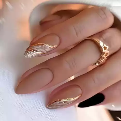 24 Pcs Fall Winter Press on Nails Tip Almond Medium Length, French Fake Nails with Line Design, Full Cover Reusable Glitter False Nails with Glue, Artificial Acrylic Nails, Glue on Nails for Women Set