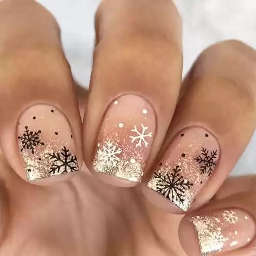 Christmas White Snowflake Press on Nails Short Square False Nails Christmas Black Snowing Fake Nails Gel Glue on Nails Glossy Gold Glitter Stick on Nails for New Years Gifts DIY 24 Pcs Merry Christmas