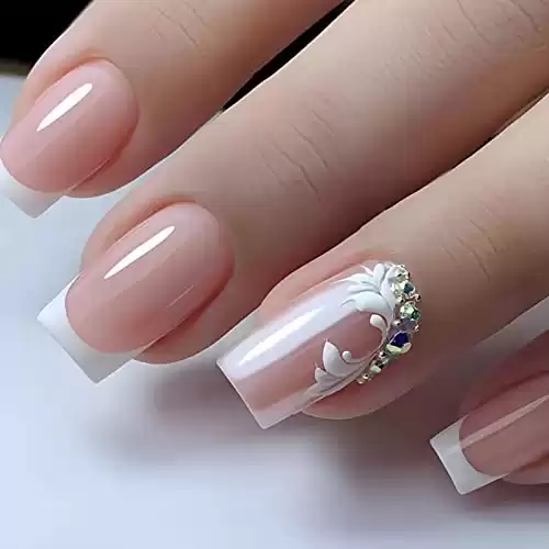 24Pcs Press on Nails Medium?Nude False Nails with flower&Rhinestones Designs White French Tip Nails Press on Acrylic Artificial Nails Glossy Stick on Nails for Women Girls