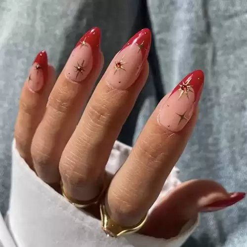 BABALAL French Tip Press on Nails Medium Almond Fake Nails Red Glue on Nails Rhinestone Acrylic Nails 24Pcs Glossy Stiletto Manicure Artificial False Nails Press on