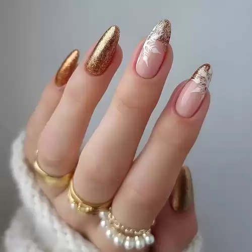 24pcs Christmas Press on Nails Medium Almond Gold Glitter French tip Fake Nails with Snowflakes Designs Winter Christmas Full Cover Acrylic Glossy Nails Xmas Winter Glue on Nails for Women Nail Art