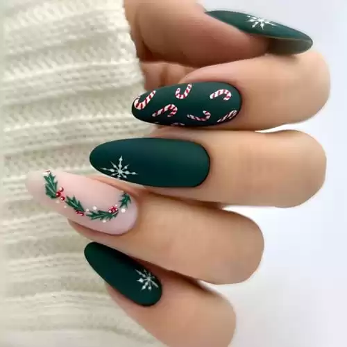 Christmas Press on Nails Medium Almond Fake Nails Winter Snowflake Acrylic Nails with Xmas Holly Candy Designs Full Cover Green Matte False Nails Cute Christmas Stick on Nails for Women, 24 Pcs