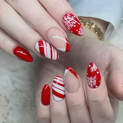 Winter Red Nails Press on Nails Medium Almond Fake Nails with French Designs Snowflake Christamas Glossy Candy Canes Full Cover Acrylic Oval False Nails Glue on Nails for Women and Girls 24Pcs