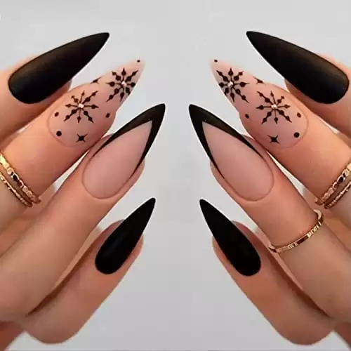 Christmas Press on Nails French Tip Fake Nails Medium Stick on Nails Black Snowflake False Nails Full Cover Acrylic Nails Matte Artificial Nails Winter Christmas Glue on Nails for Women and Girls 24Pc...