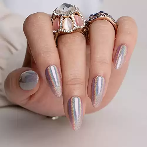 Polychrome&air Press On Medium Long Holographic Almond ABS Fit Reusable Manicure Glue On False Nails UV Glossy 15Sizes 30PCS(Magic Color)