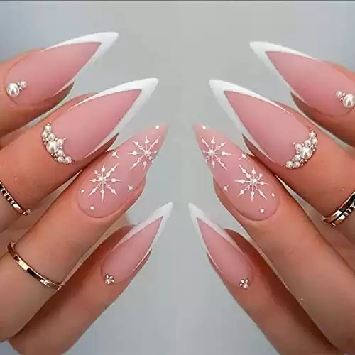 YOSOMMK Christmas Press on Nails Medium Almond Shape Fake Nails with Pearl Design French Tip Stick on Acrylic Nails Full Cover Matte Nude False Nails Snowflake Glue on Nails for Women