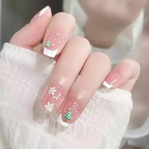 Christmas Square Press on Nails Medium Winter Snowflake Fake Nails Nude Pink Acrylic Press on Nails Full Cover Winter Glue on Nails with Snowman Xmas Tree Design Christmas Cute False Nails Kit 24PCS