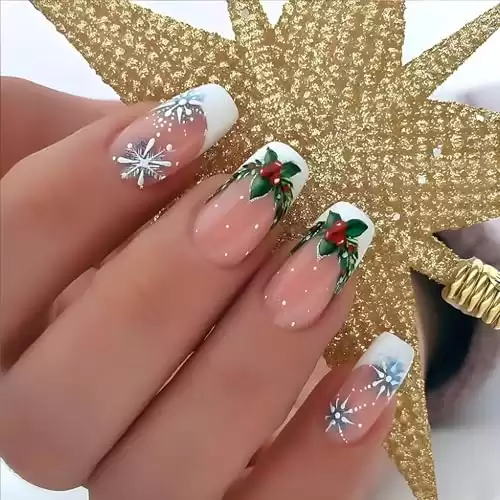 Christmas Press on Nails Medium Square Fake Nails With Snowflake Designs Xmas White French Tip False Nails Full Cover Stick on Nails Acrylic Winter Artificial Nails for Women Glue on Nails 24 Pcs