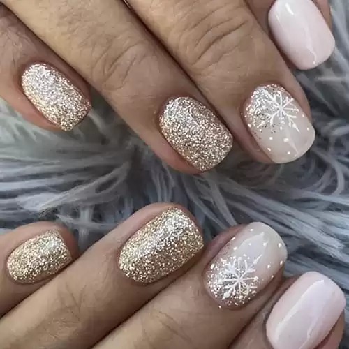 Snowflake Press on Nails Pink Fake Nails Short Square False Nails with Gold Glitter Design Full Cover Glossy Artificial Nails Winter Stick on Nails Short Glue on Nails for Women Girls Manicure Xmas