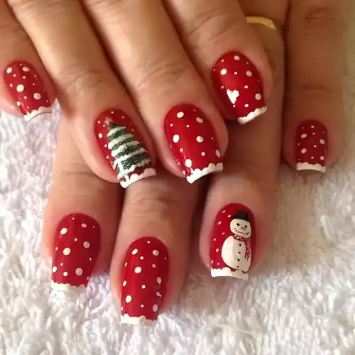 Christmas Snowman Press on Nails Medium Fake Nails Christmas Tree Design Xmas Winter False Nails Full Cover Stick on Nails Acrylic Bright Red White Edge French Artificial Nails for Women 24 Pcs