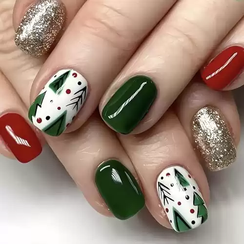 Short Square Christmas Press on Nails Christmas Tree Colored Ball Glue on Nails with Glitters Glossy Finish Green & Red Christmas Acrylic False Nails Cute Stick on Nails for Women Nail Art Decorat...