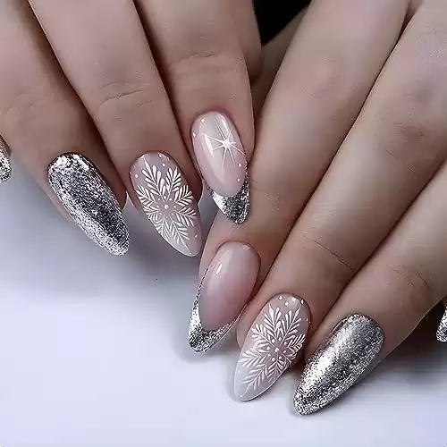 24Pcs Christmas Press on Nails Medium Almond Fake Nails Silver Glitter False Nails Press Ons With Snowflake Design Pink Nail Tips Stick on Nails Acrylic Nail Kit for Women Christmas Decor