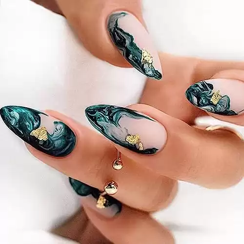 Press on Nails Almond Green Smudge False Nails Designs Medium Long Acrylic Nails Glossy Fake Nails Artificial Glue on Nails for Women 24 Pcs / 12 Size