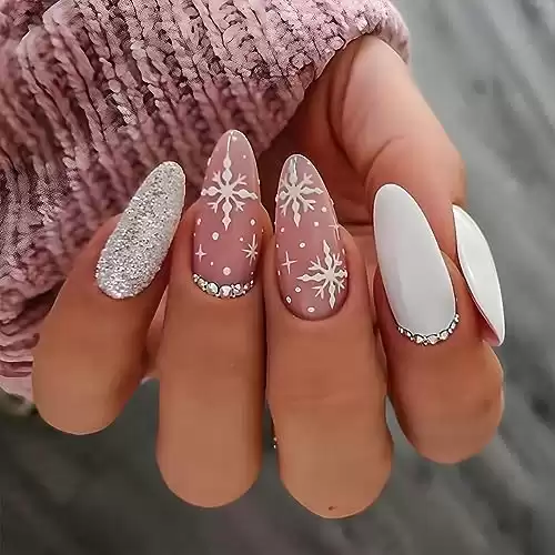 Almond Christmas Press on Nails Medium Acrylic Nails White Fake Nails Winter with Snowflake and Rhinestone Designs False Nails White Glue on Nails Reusable Artificial Nails for Women 24PCS