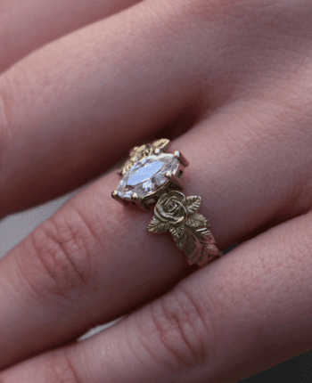 Moissanite Rose Flower Ring, Gold Plated Silver