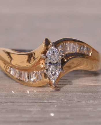 Signed Vintage 1980's Marquise Engagement Ring in Yellow Gold