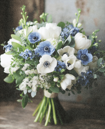 blue anemones ivy white tulips vernonica wedding bouquet