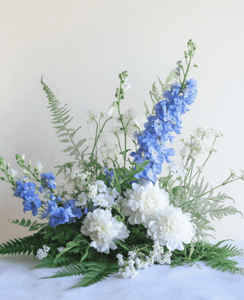 blue delphinium, queens anne lace ferns wedding bouquet