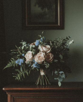 blue nigella garden roses baby eucalyptus wedding bouquet