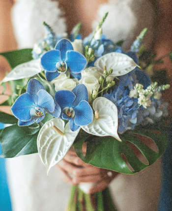 blue orchids white anthurium monstera wedding bouquet