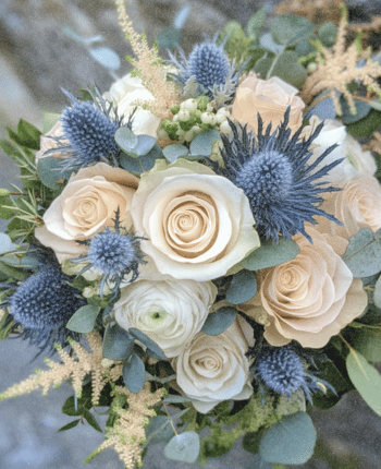 blue thistle, cream roses italian ruscus wedding bouquet