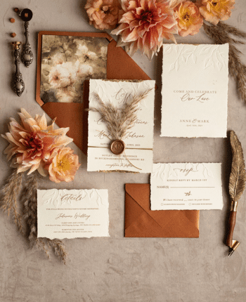 Embossed Ivory Gold Wedding Invitation, Floral
