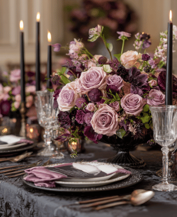 charcoal mauve fall wedding color schemes table decor florals