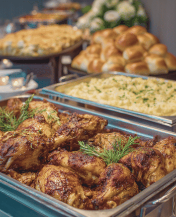 wedding reception buffet idea comfort food roasted chicken mashed potatoes
