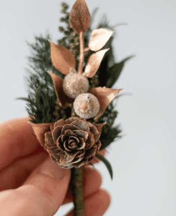 Pinecone Boutonniere Green & Gold Leaves