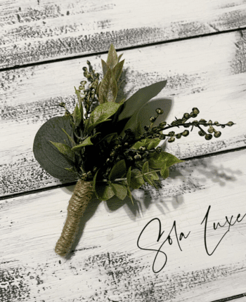 Rustic mixed artificial greenery boutonnière with eucalyptus.